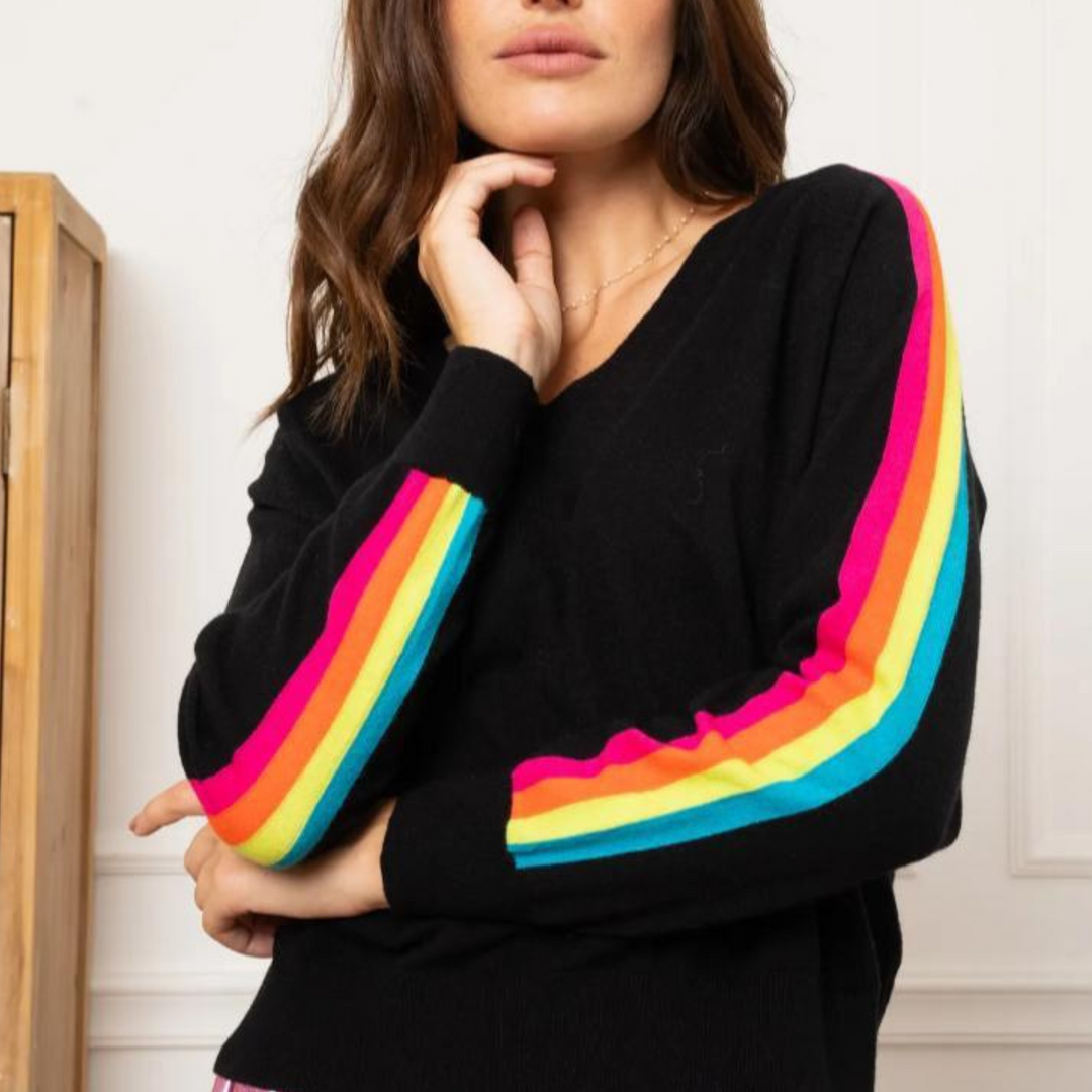 Jumper with rainbow stripe sleeves discount